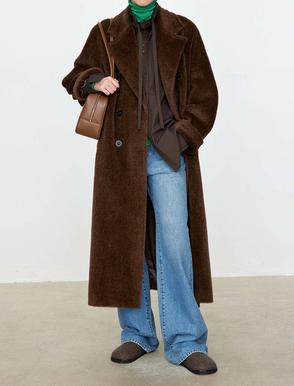 100% Alpaca Double-Breasted Wool Long Coat