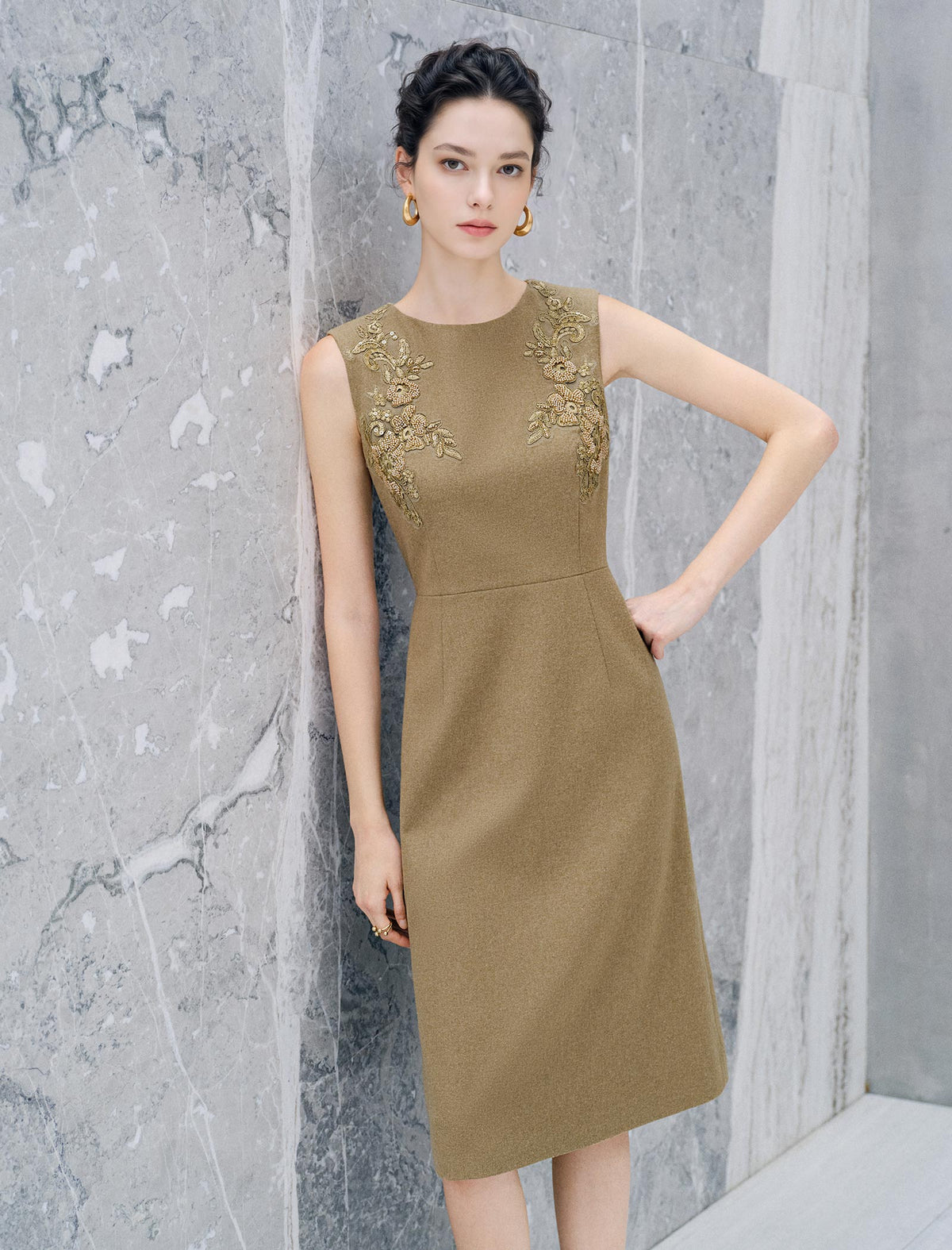 Wool Blend Embroidered Sleeveless Midi Dress