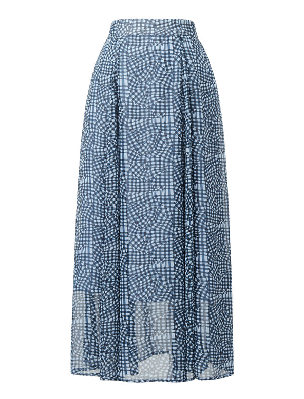 Blue Checkered Chiffon Midi Skirt