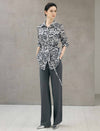 Abstract Floral Print Belted Long Sleeve Blouse