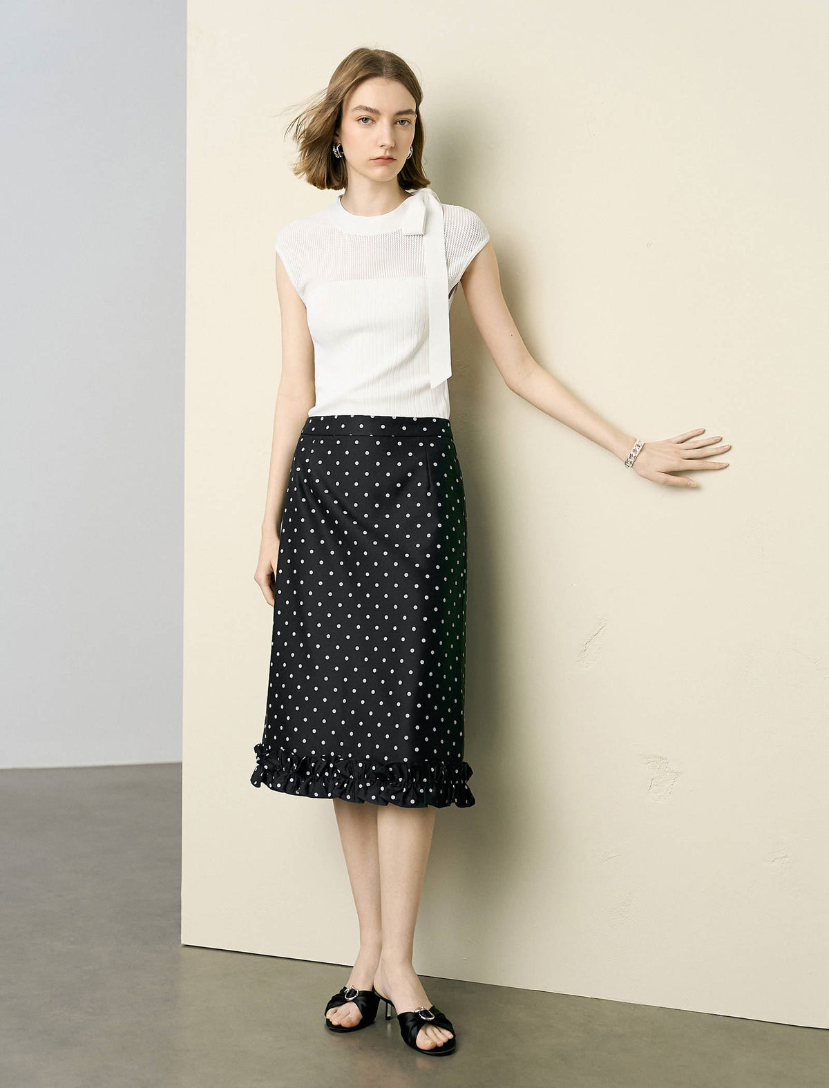 Polka Dot Ruffle Hem Midi Skirt