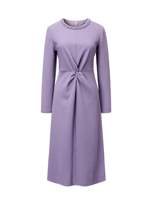 Lavender Beaded Neckline Twist Detail Midi Dress