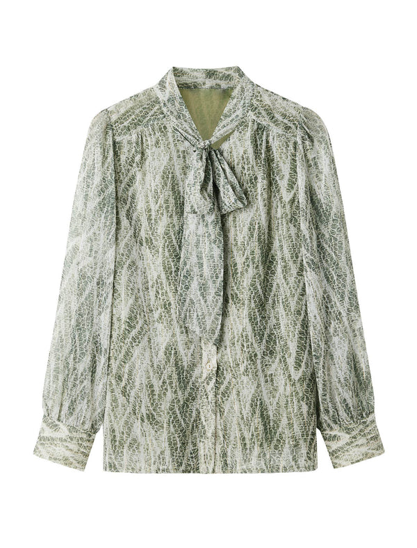 Vintage Tie-Waist Printed Long-Sleeve Blouse