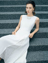 White Boat Neck Sleeveless Lace Slit Waist-Fitted Midi Dress