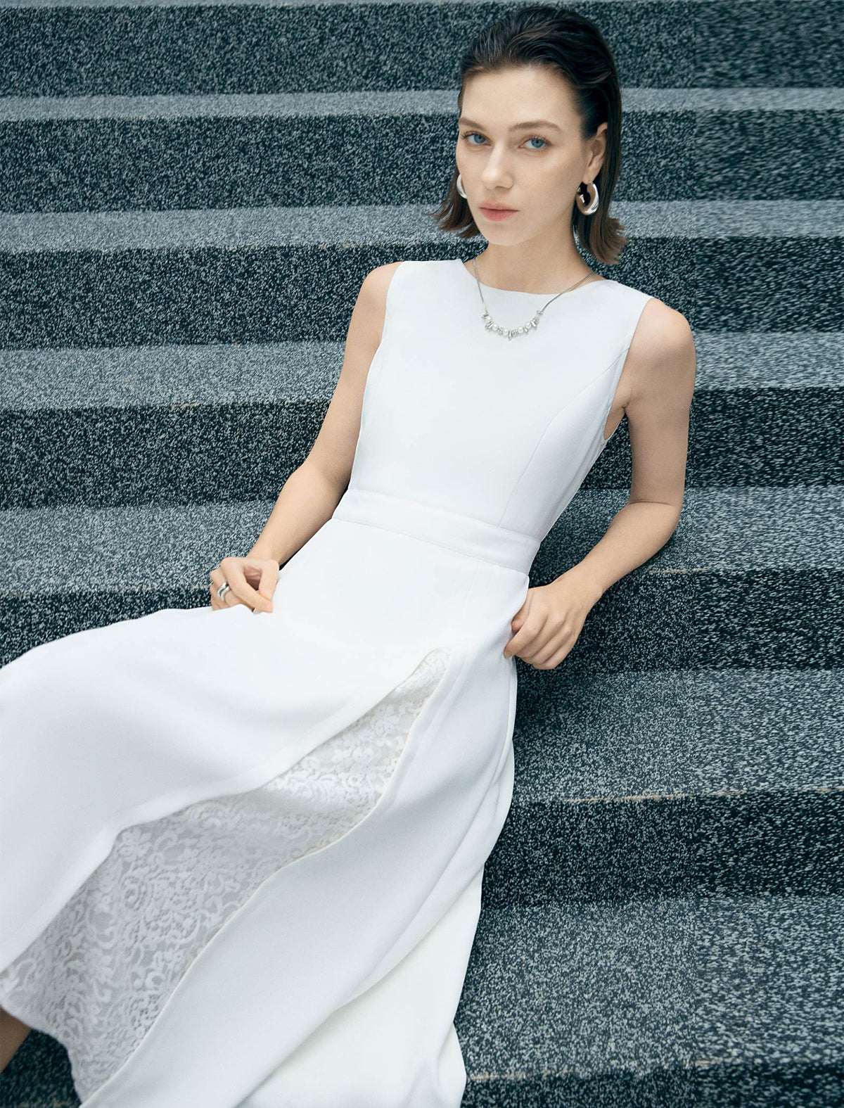 White Boat Neck Sleeveless Lace Slit Waist-Fitted Midi Dress