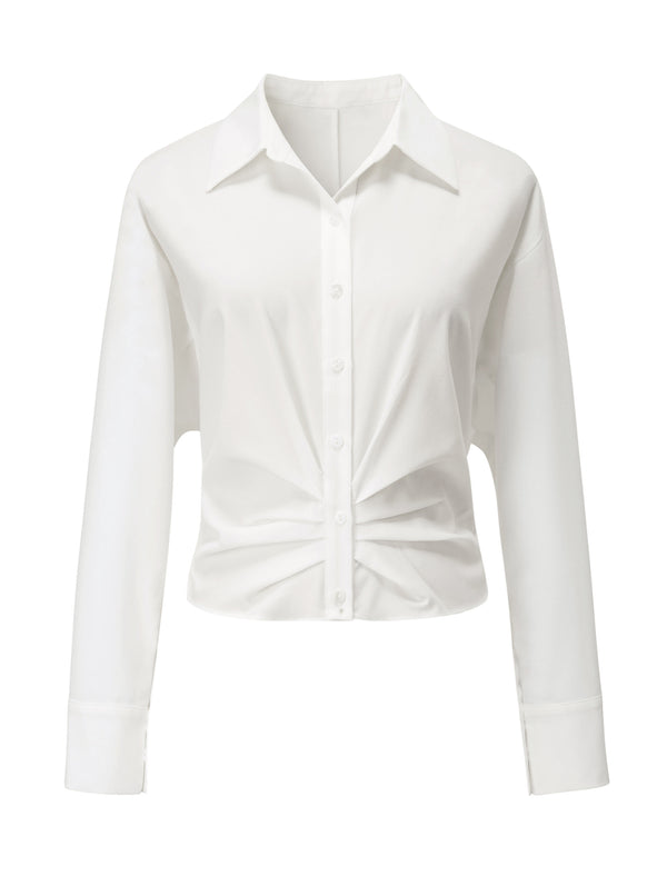 White Polo Collar Cropped Shirt Blouse