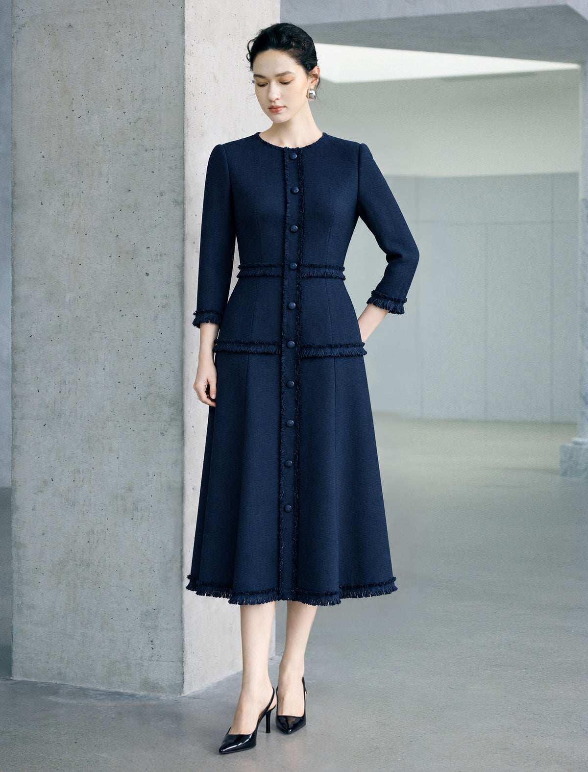 Dark Navy Fringe Trim Midi Dress