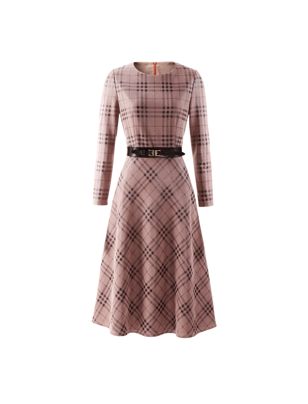 Plaid Crewneck Belted Midi Dress