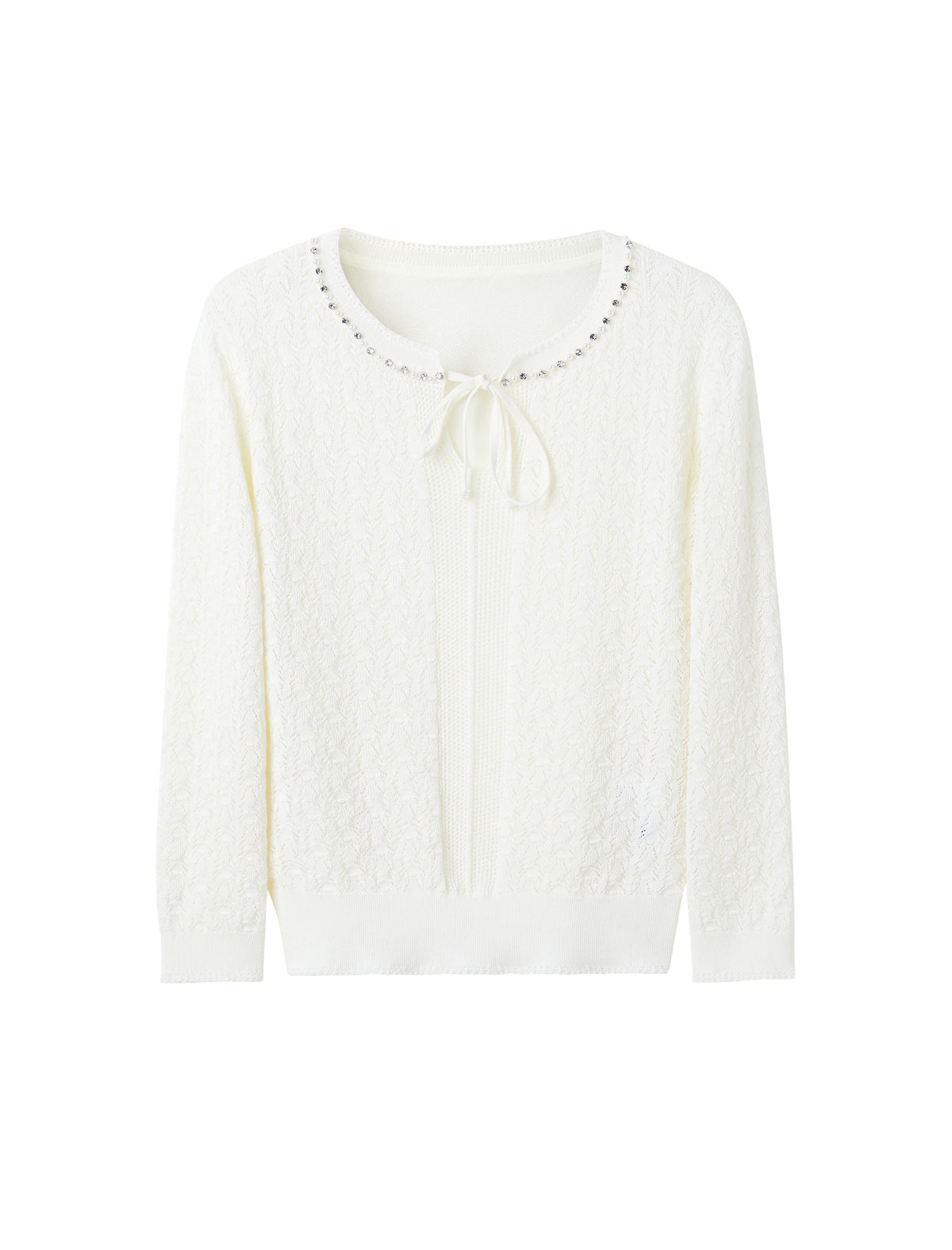 Tencel Eyelet Knit Tie-Neck Sweater