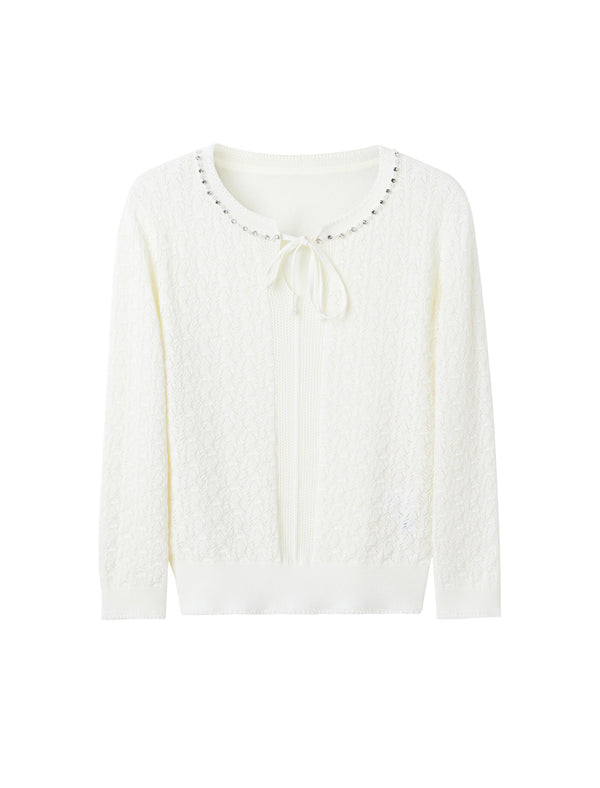 Tencel Eyelet Knit Tie-Neck Sweater