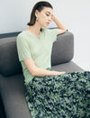 Green Leaf Print Pleated Midi Skirt