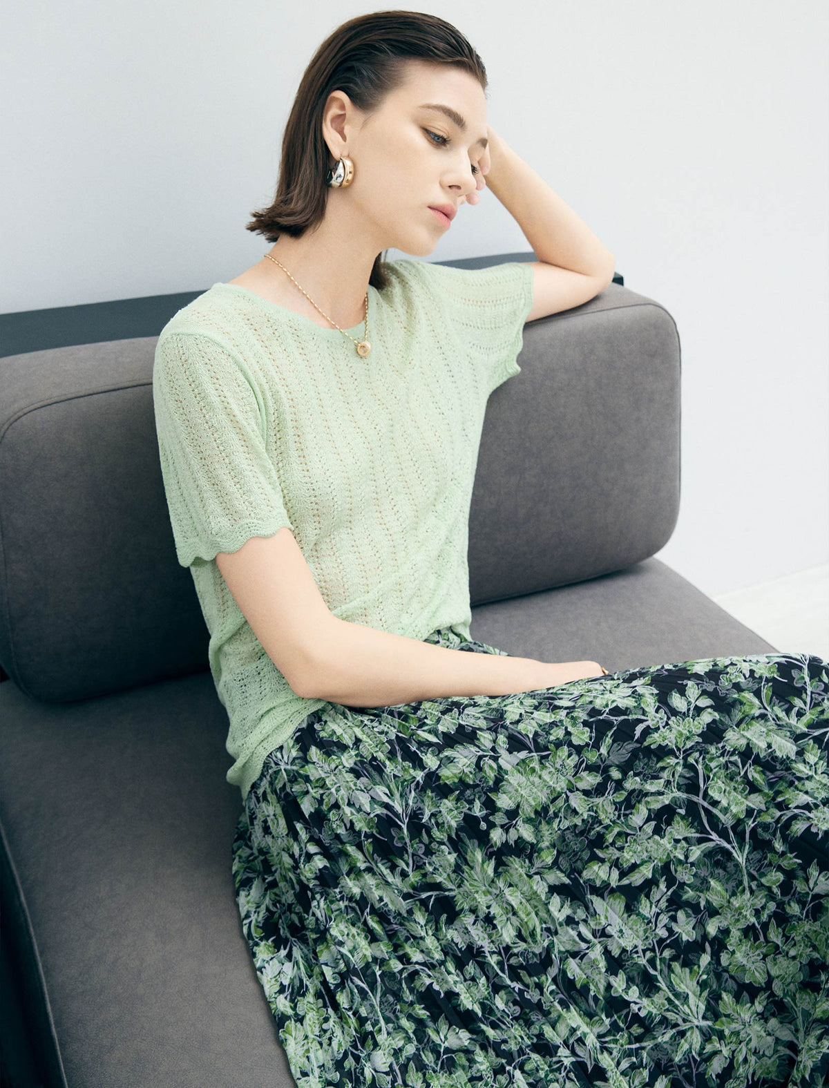 Green Leaf Print Pleated Midi Skirt