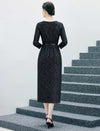 Crewneck Long Sleeve Belted Relaxed Midi Dress