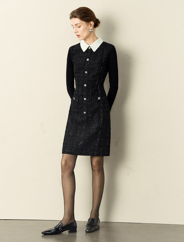 Doll Collar Waist-Defining Long-Sleeve Short Dress
