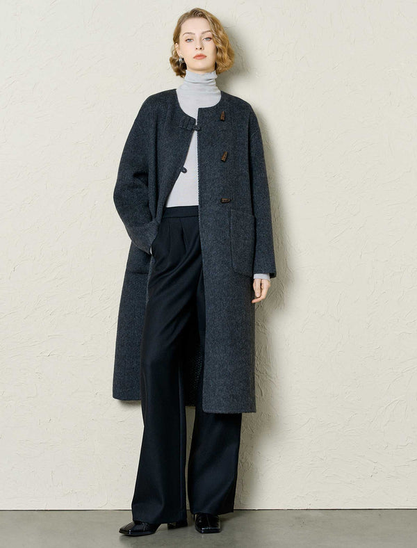 Wool-Tencel Blend Removable Knit Hooded Scarf Long Coat