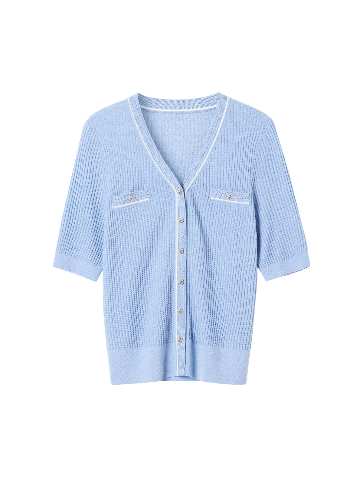 Blue Short-Sleeve V-Neck Button-Front Cardigan
