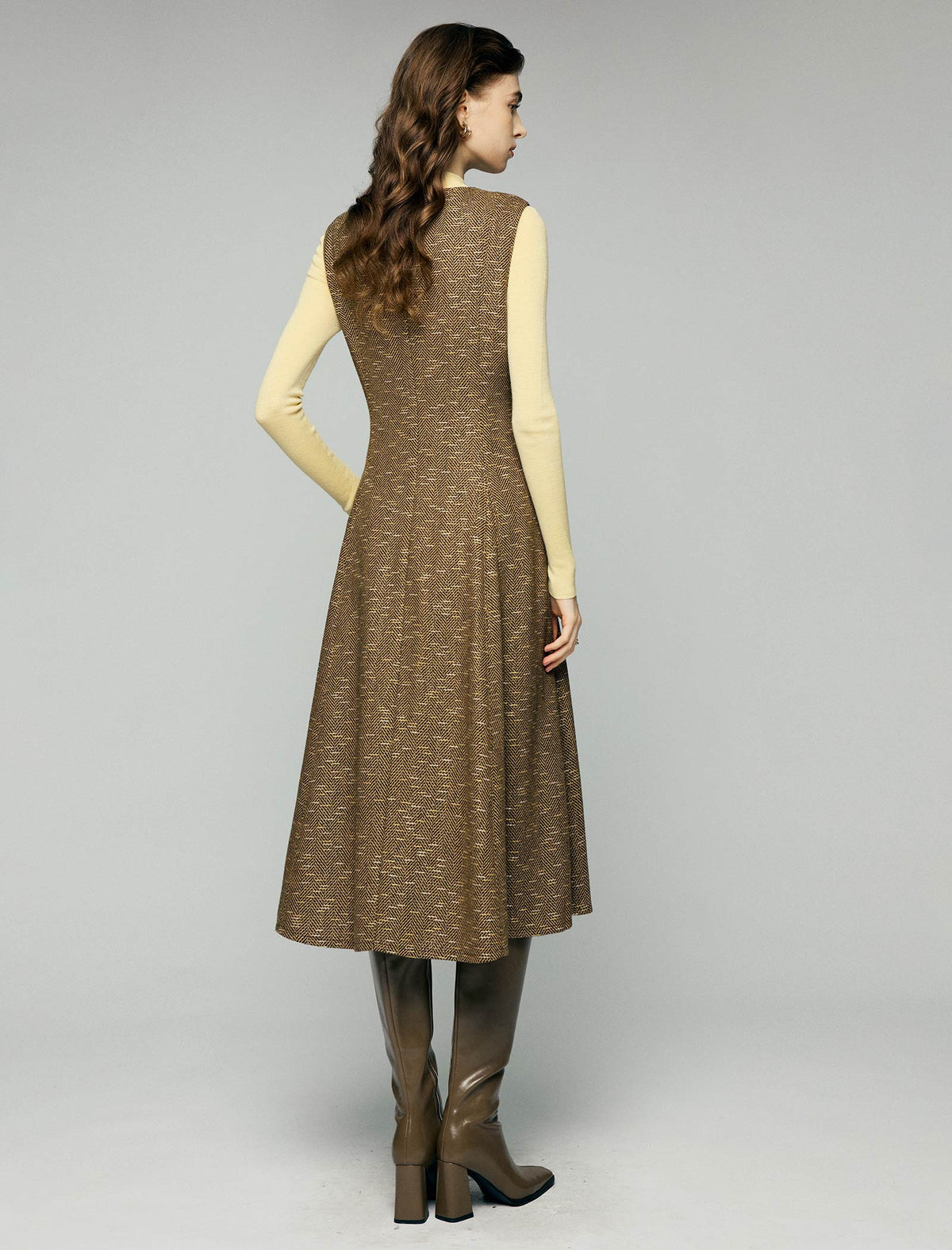 Wool Blend Shimmer Notched V-Neck Sleeveless A-Line Midi Dress