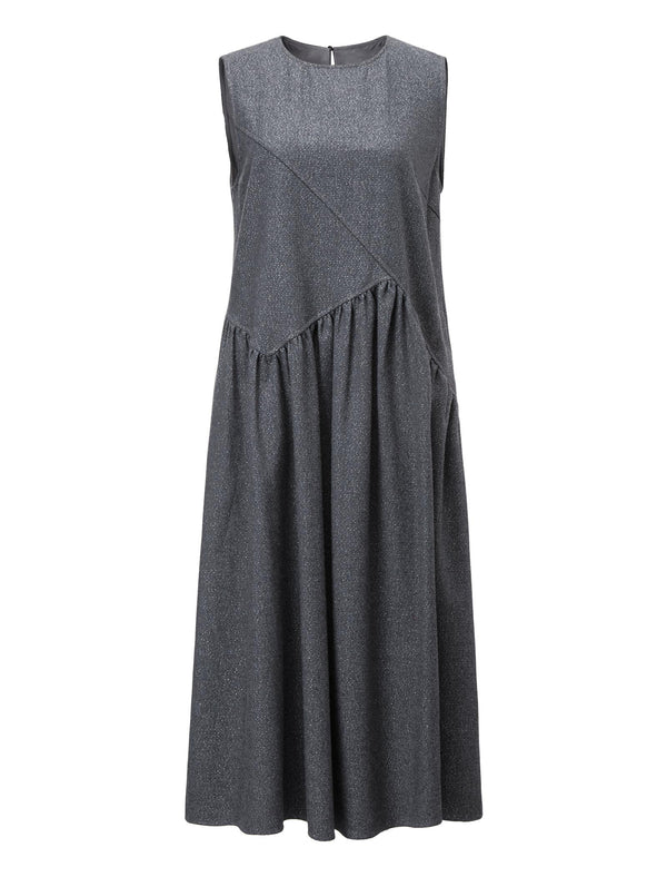 Asymmetrical Ruched Detail Wool-Blend Sleeveless Midi Dress