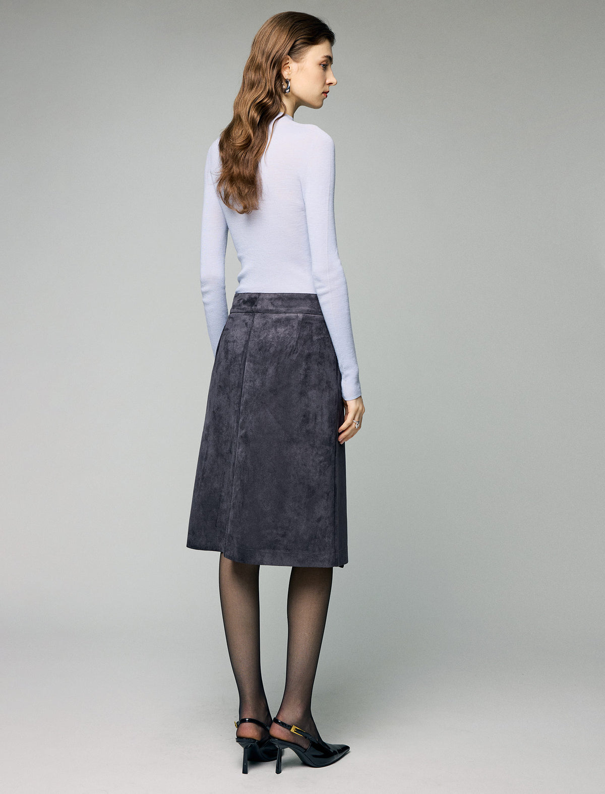 Wrap-Front Button High-Waist A-Line Midi Skirt