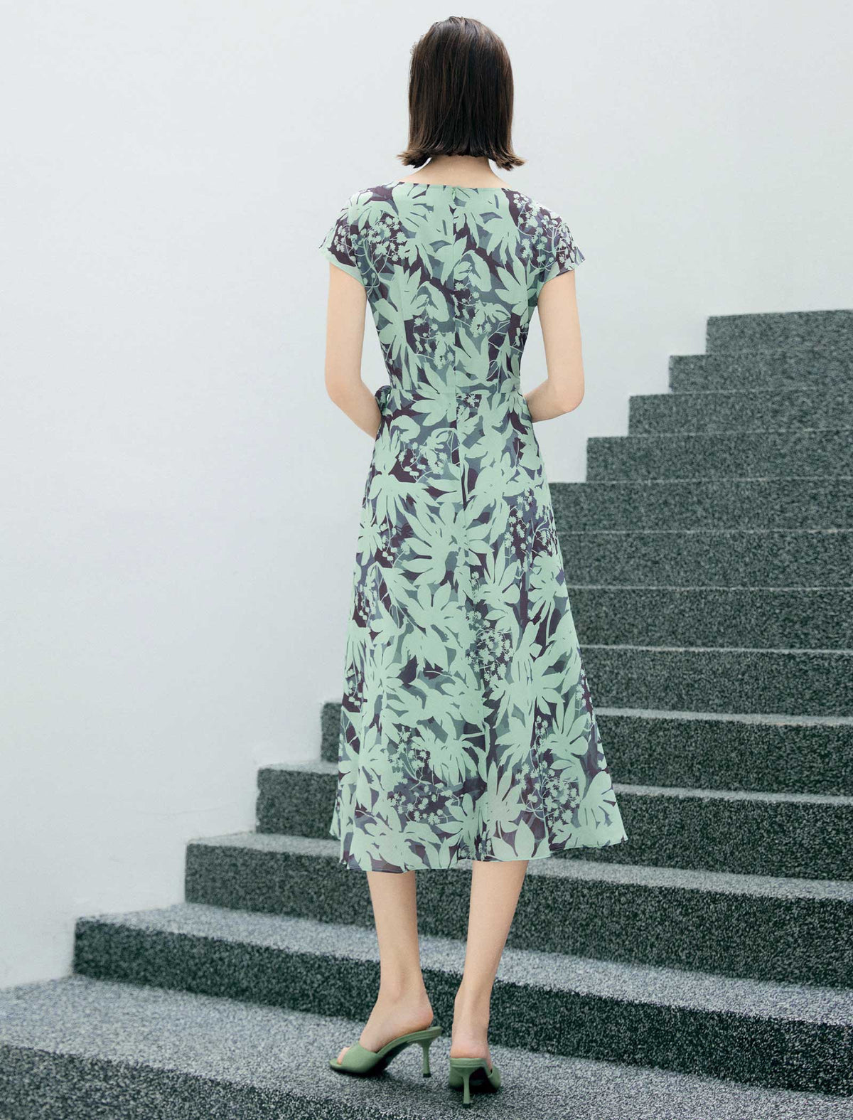 Mint Green Leaf Print Tie Waist Midi Dress