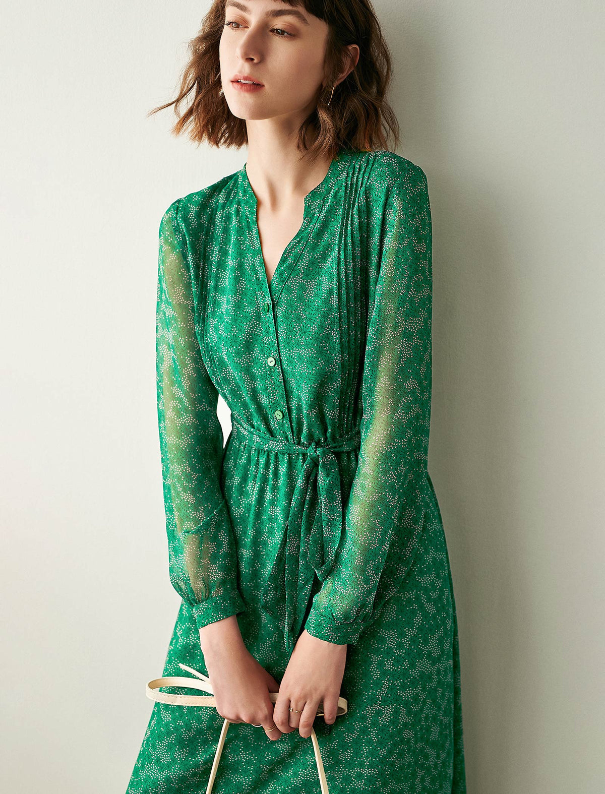 Ditsy Print V Neck Midi Dress