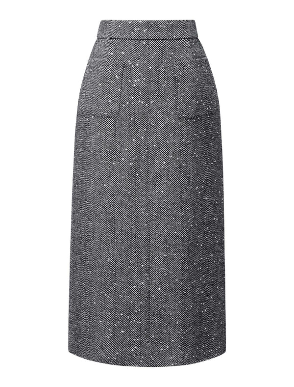 Gray Herringbone Wool-Blend Tweed Midi Skirt