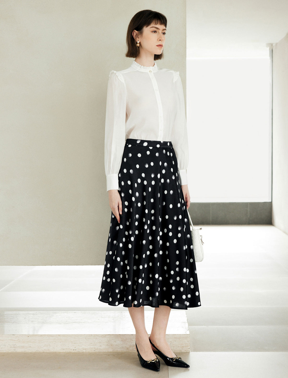 Black Watercolor Polka Dot High Waist Flared Midi Skirt