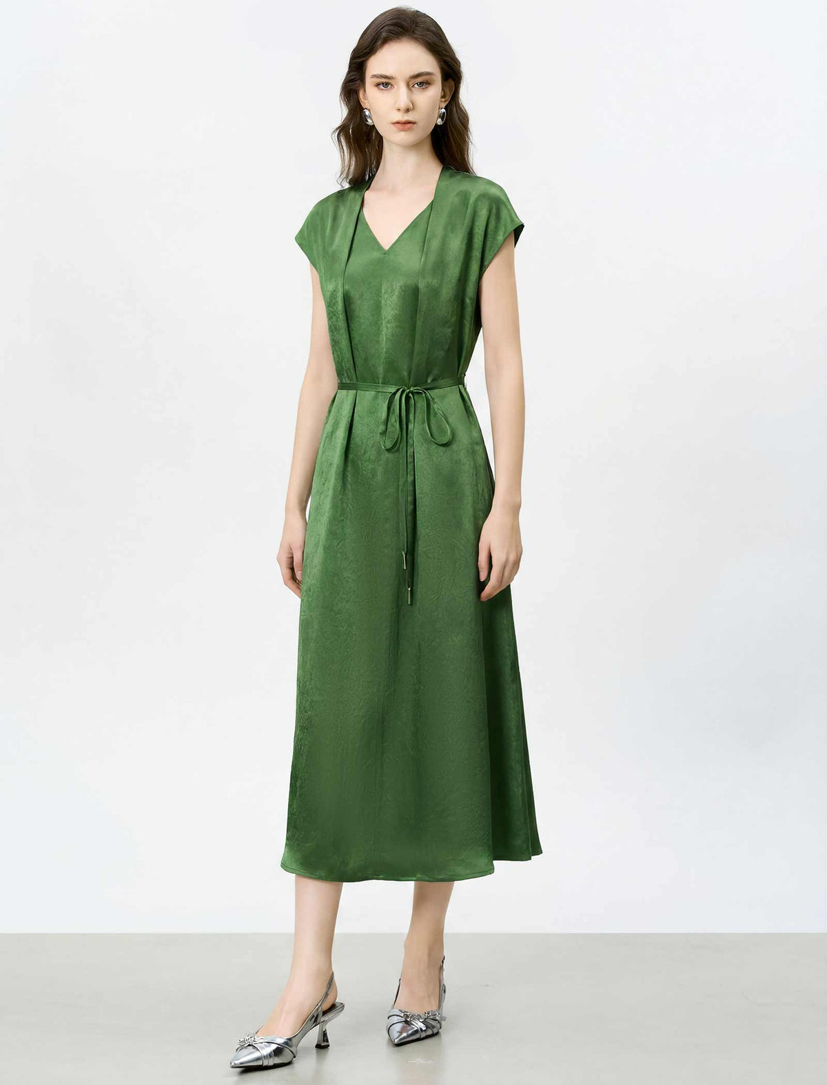 Acetate Satin V-Neck Belted Midi Dress