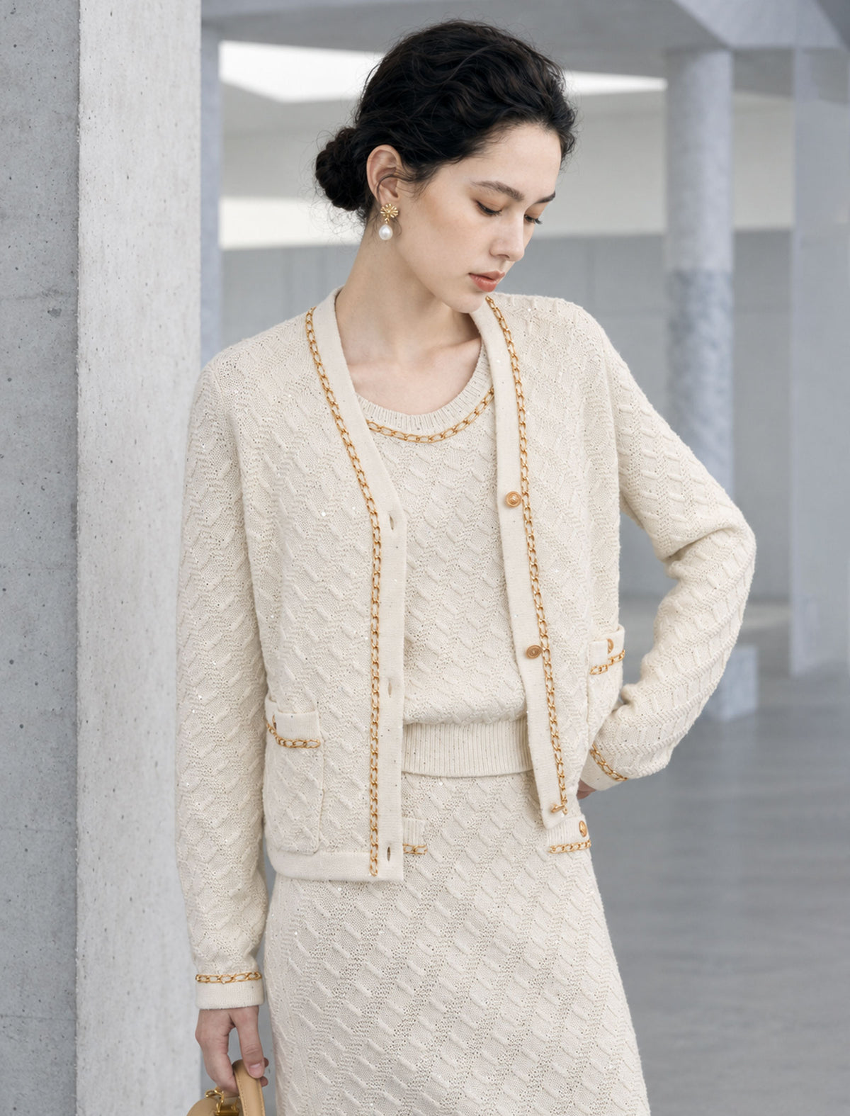 Textured Chain Trim Button Front Cardigan