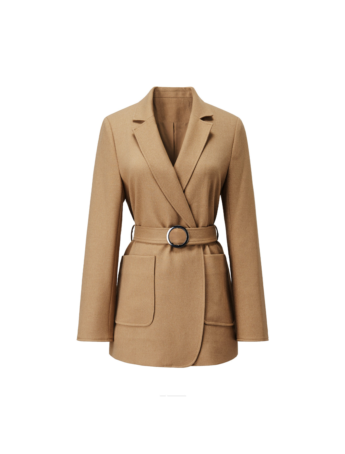 Camel Belted Notched-Lapel Blazer