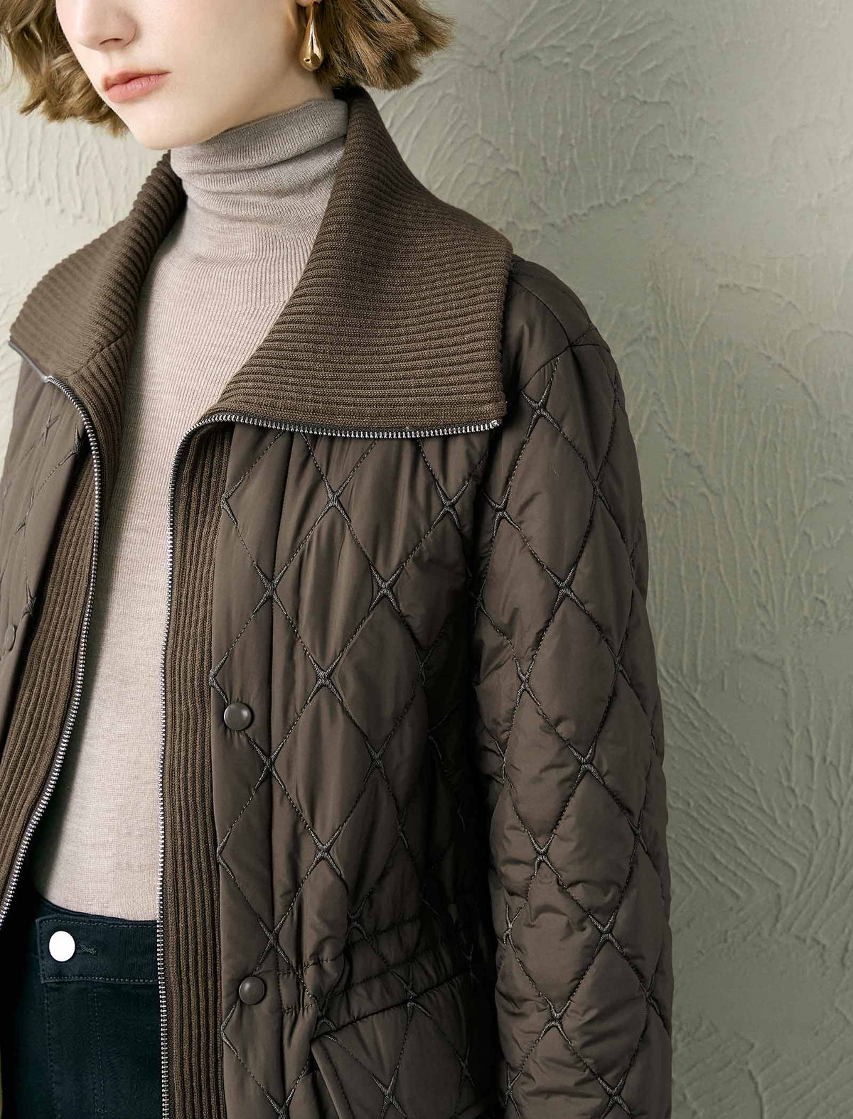 Brown Knit Collar Quilted Jacket