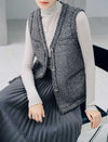 Sparkle Tweed V Neck Sleeveless Fringe Trim Vest