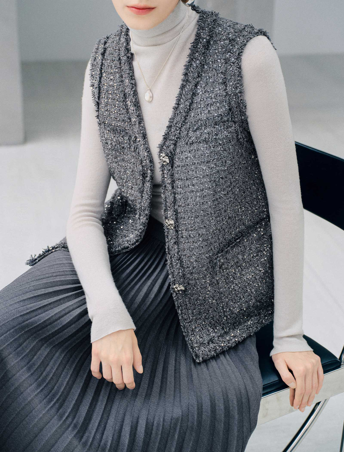 Sparkle Tweed V Neck Sleeveless Fringe Trim Vest