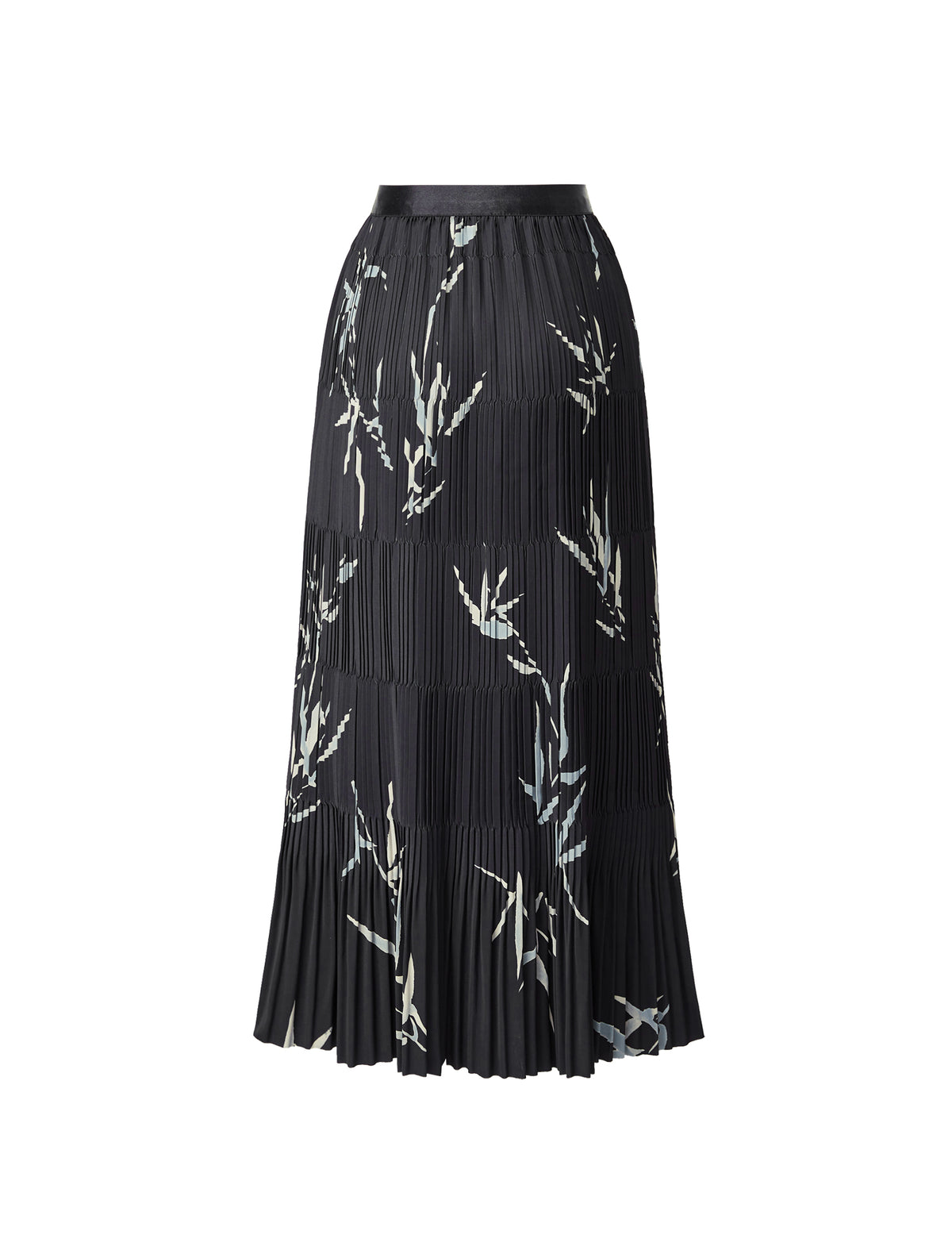 Leaf Print Tiered Pleated Midi Skirt