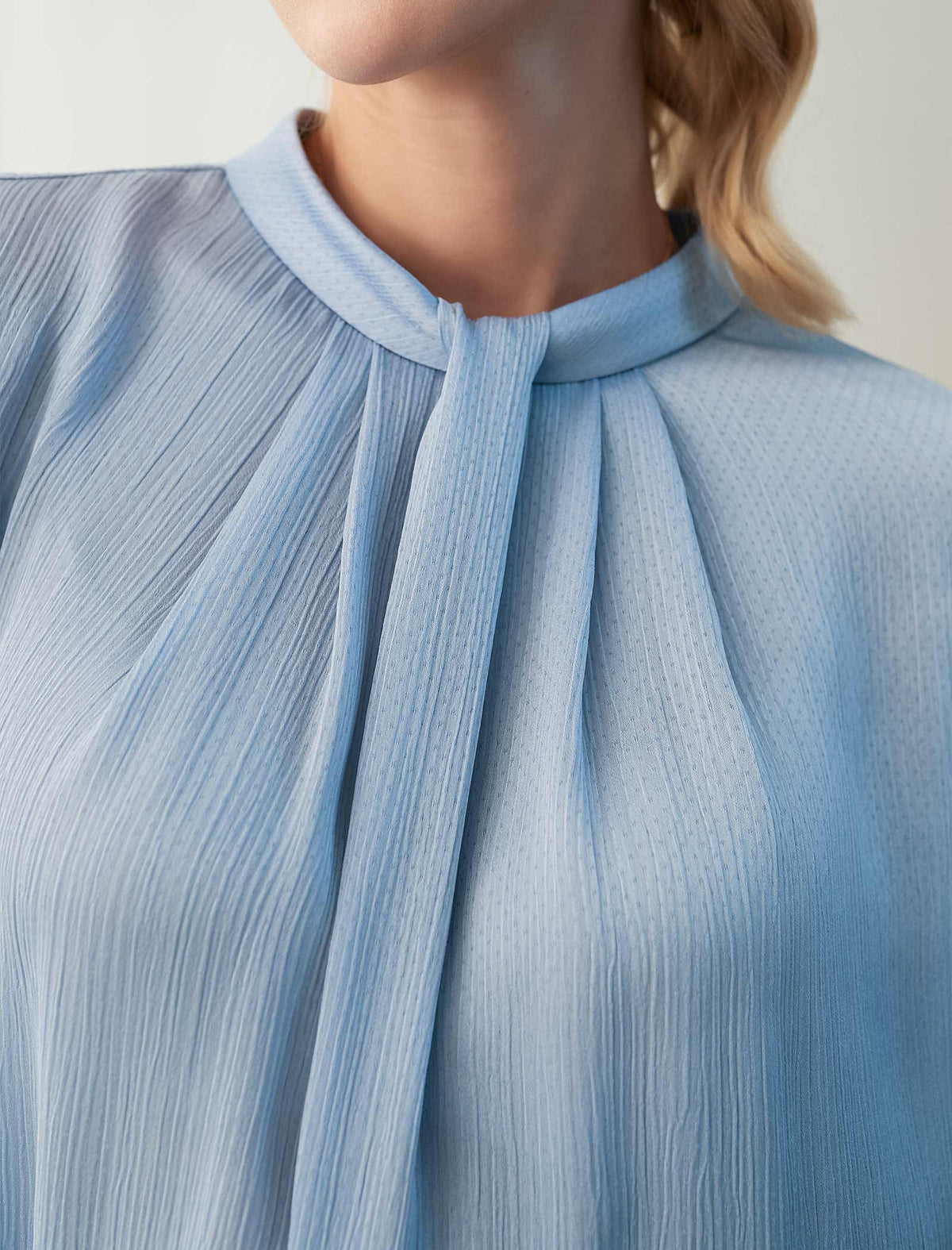 Light Blue Pleated Mock-Neck Blouse