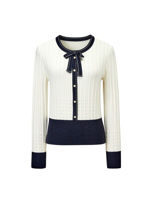 Contrast Bow Detail Knit Cardigan