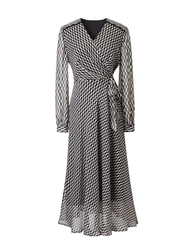 Checkered Wrap V-Neck Midi Dress