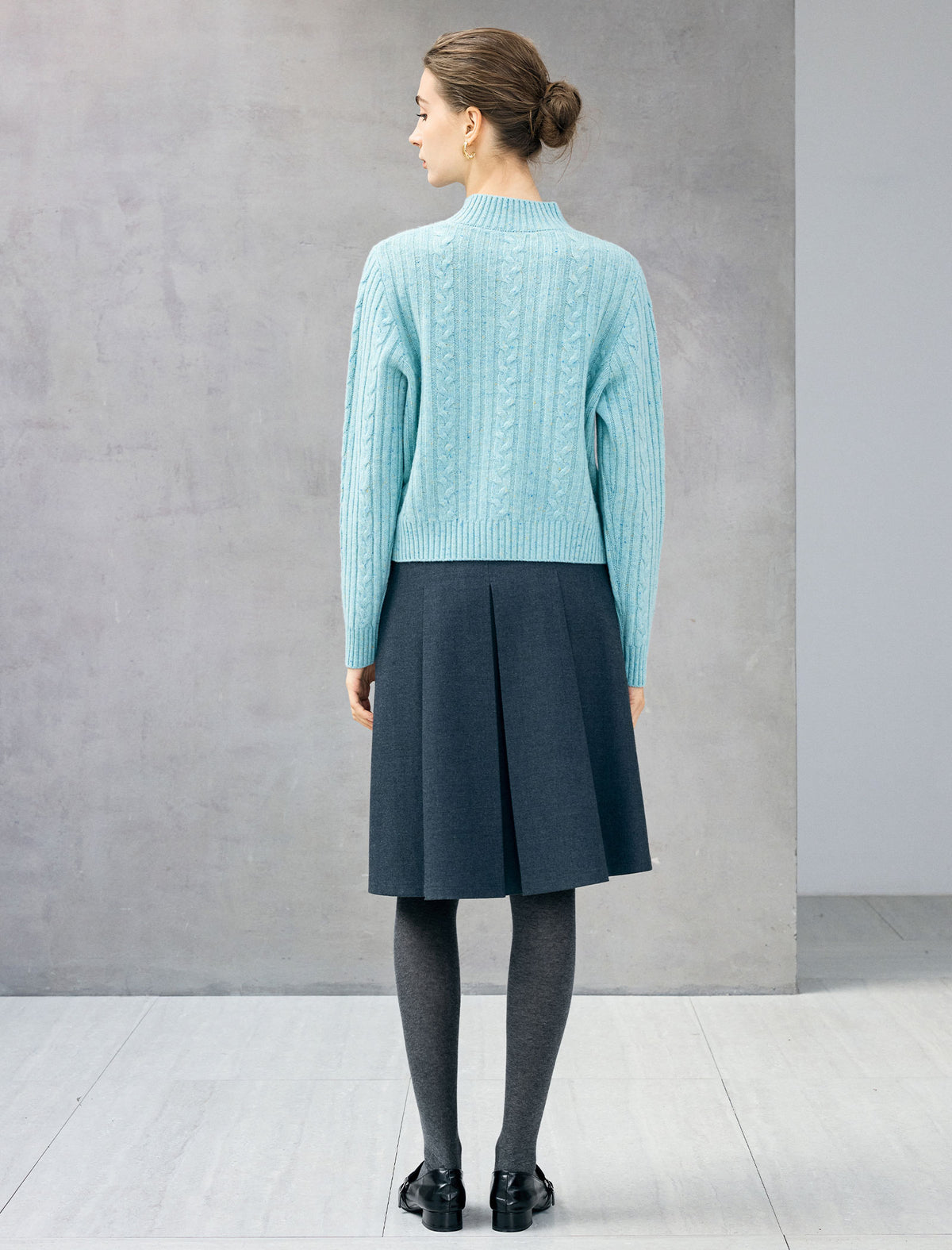 Wool Blend Cable-Knit Mock-Neck Button-Placket Sweater