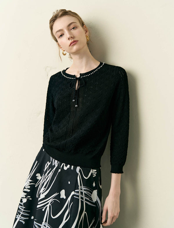 Tencel Eyelet Knit Tie-Neck Sweater