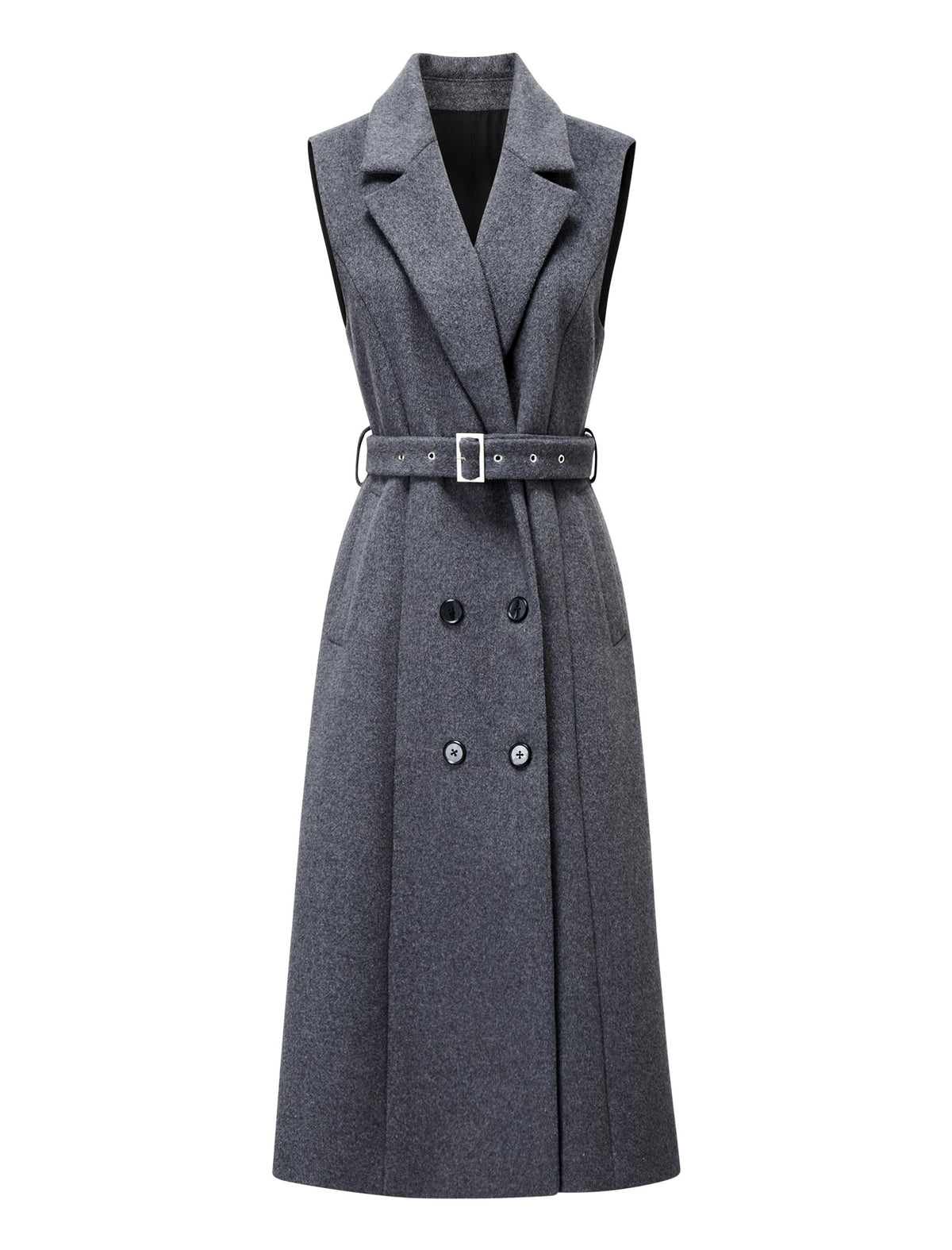 Wool Blend Tailored Sleeveless Midi Dress with Belt