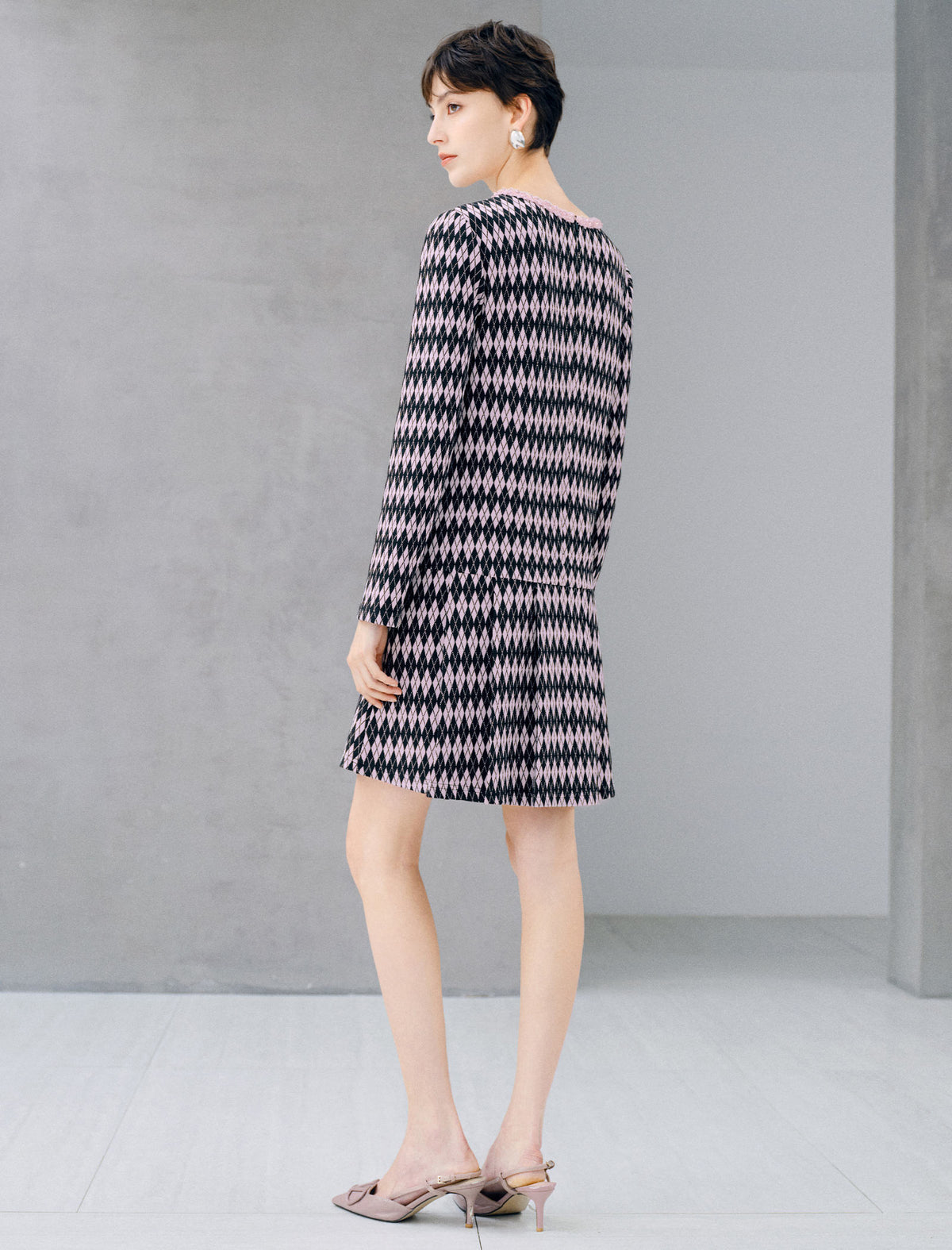 Geometric Plaid Pearl Button Long Sleeve Dress