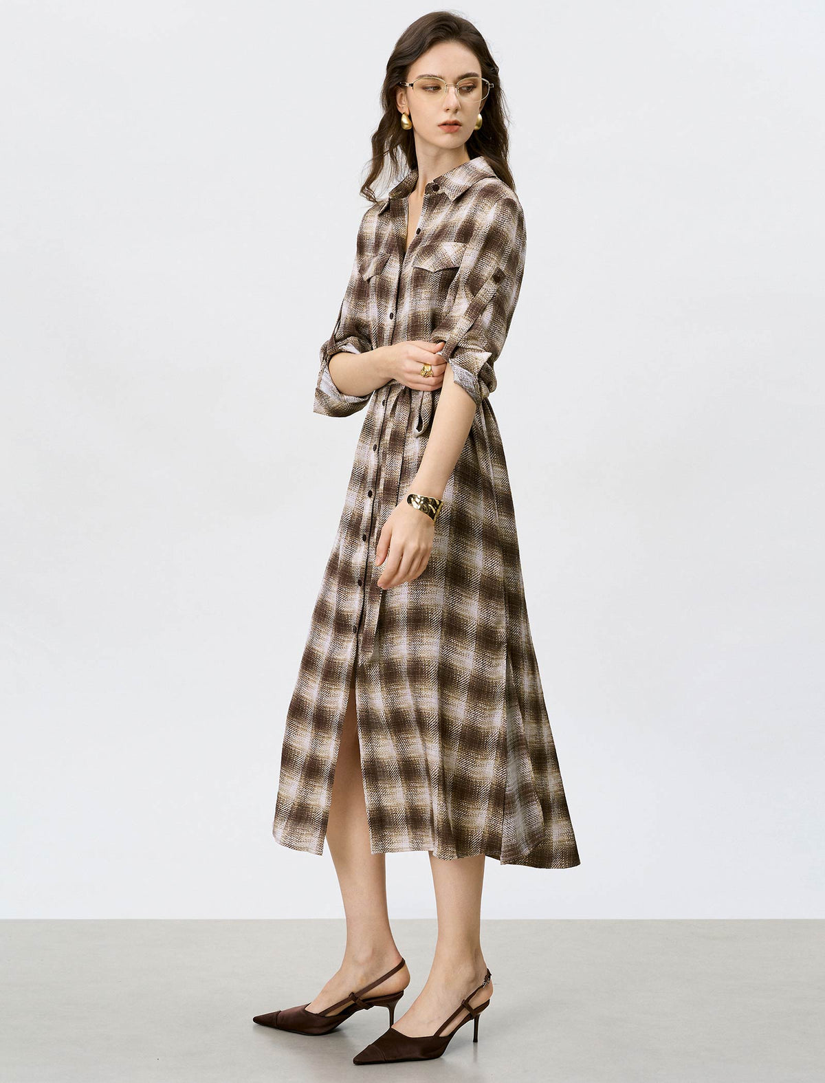 Brown Plaid Belted Shirt Midi Dress