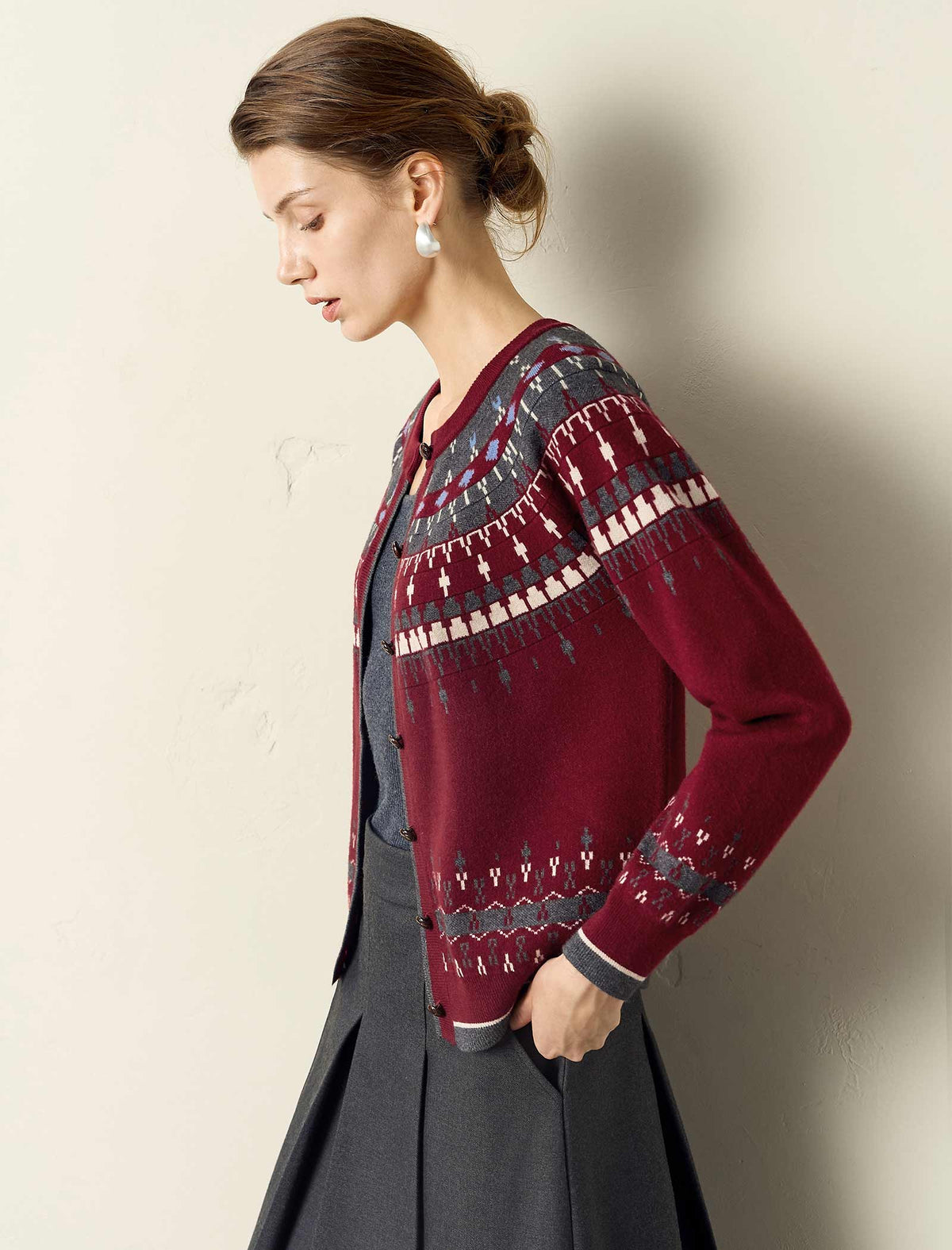 Burgundy Fair Isle Knit Crew Neck Button Front Cardigan