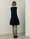 Wool Blend Rhinestone-Trim Pearl-Button Pleated A-Line Mini Dress