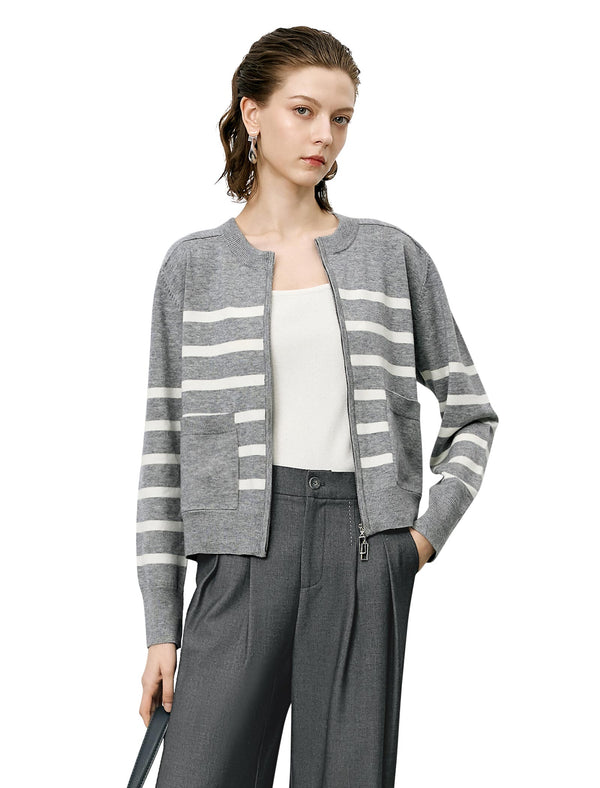 Striped Zipper Short Knit Cardigan