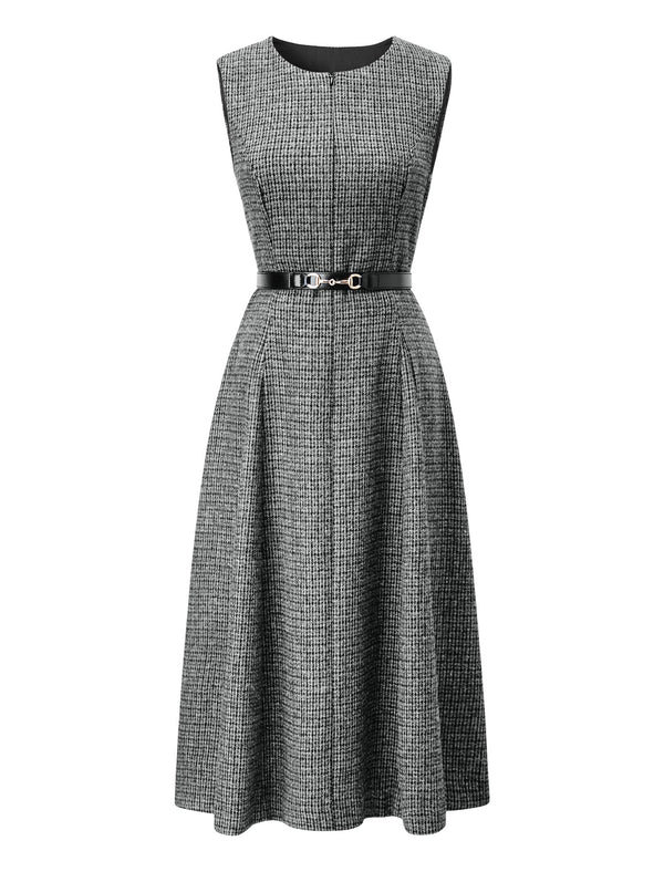 Wool Plaid Round Neck Sleeveless Vintage Midi Dress