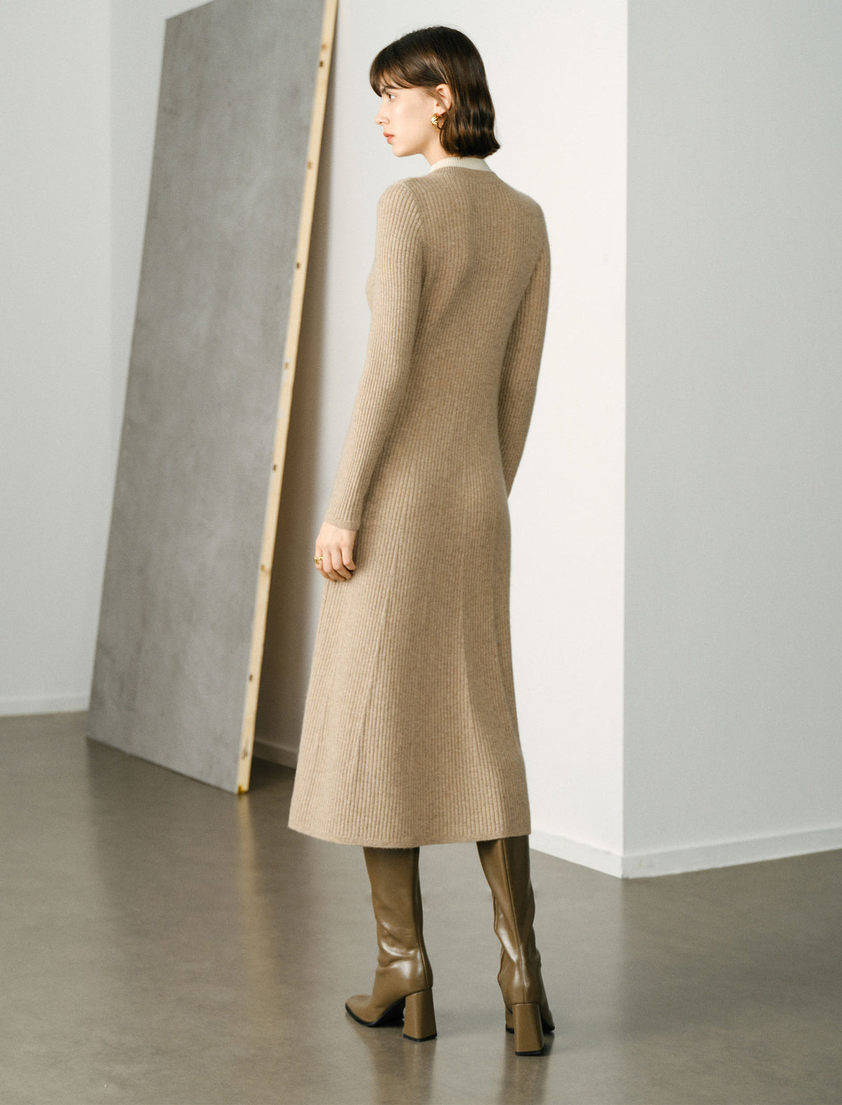 Wool Blend Long-Sleeve Button-Front Midi Dress