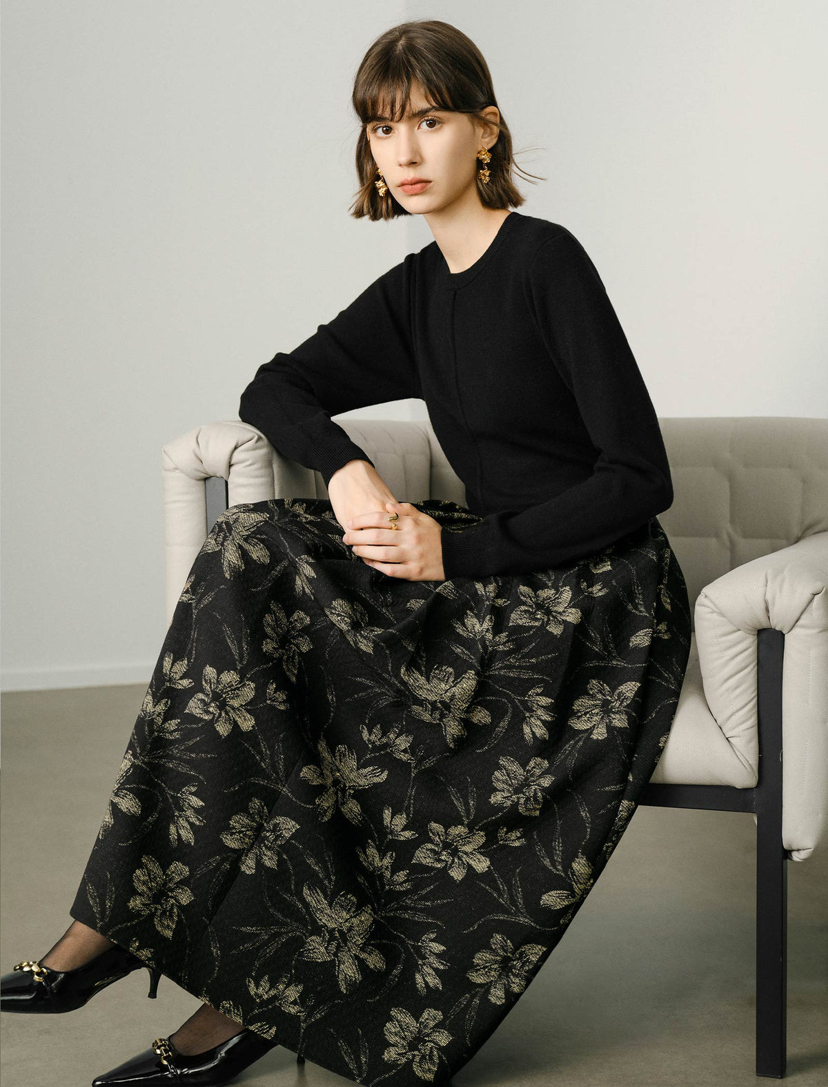 Floral Print Long-Sleeve Mixed-Media Midi Dress