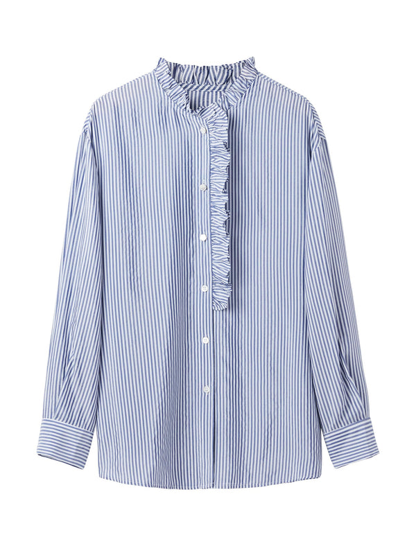 Blue Striped Tencel Minimalist Long-Sleeve Shirt
