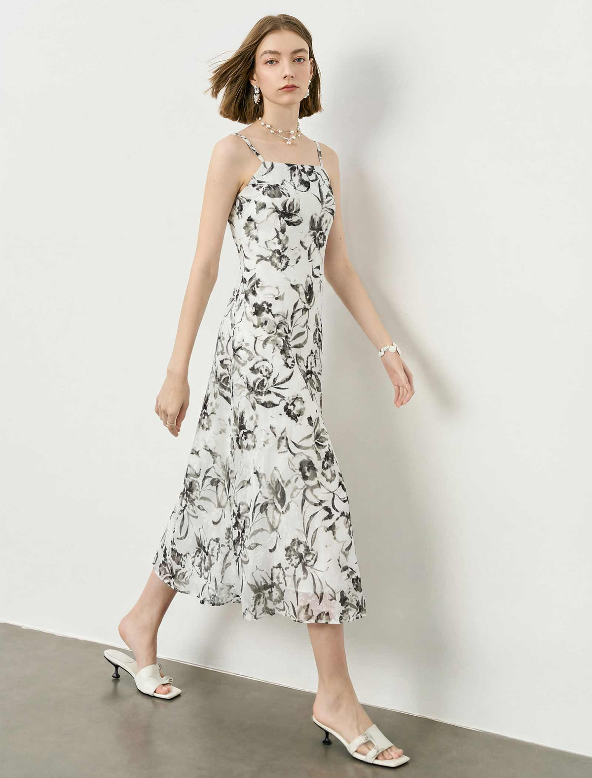 Watercolor Floral Print Slip Midi Dress